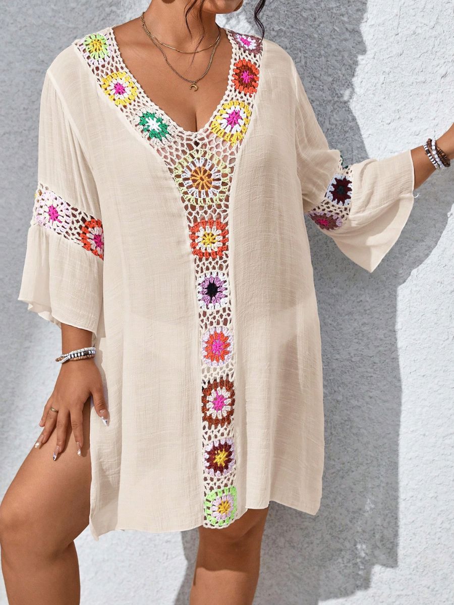 SALIDA DE PLAYA CON ABERTURAS LATERALES CALADO Salida de Playa Plus Size 18 Florebele