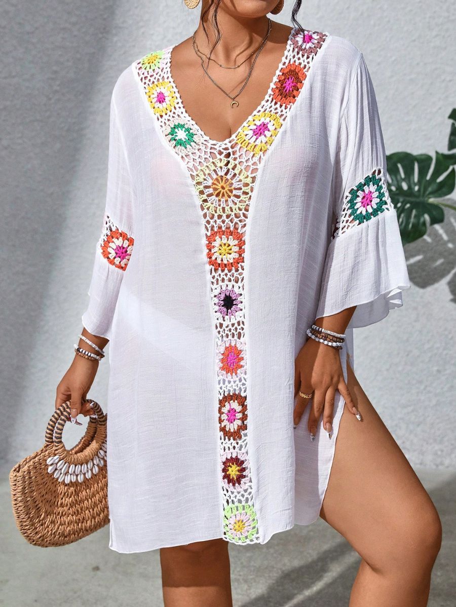 SALIDA DE PLAYA CON ABERTURAS LATERALES CALADO Salida de Playa Plus Size 18 Florebele Blanco 0XL