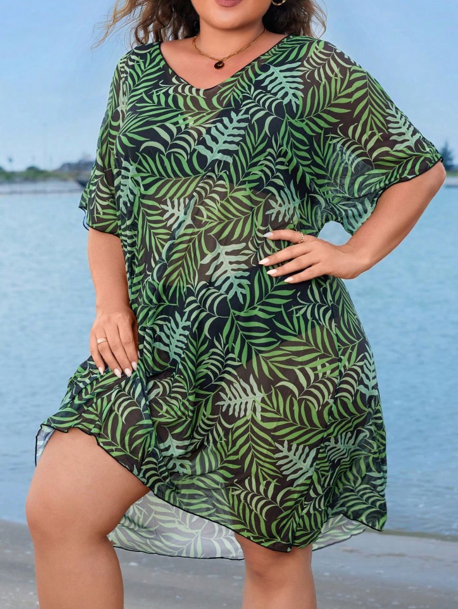 SALIDA DE PLAYA CON ESTAMPADO DE DE HOJAS Salida de Playa Plus Size 16 Florebele