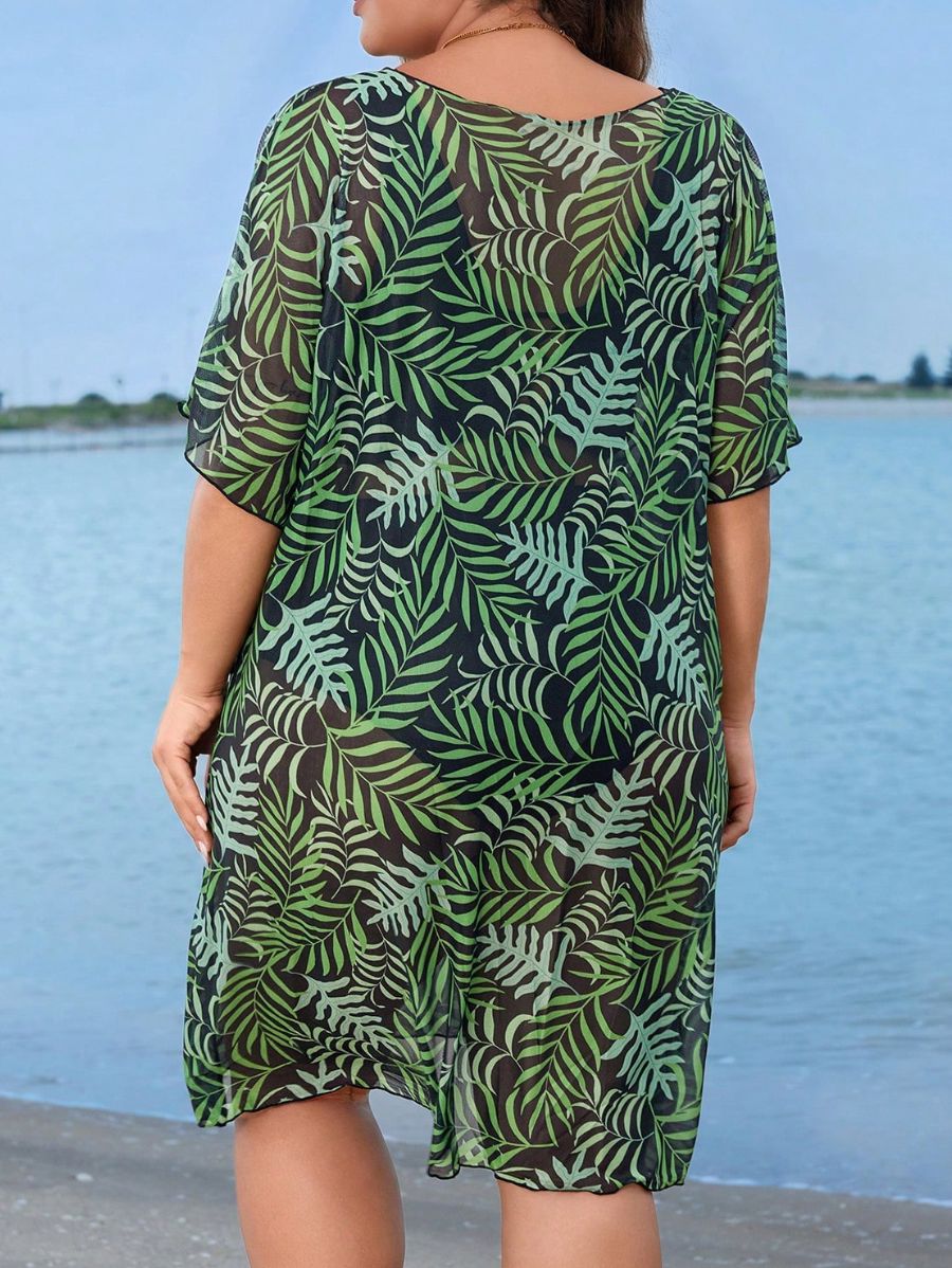 SALIDA DE PLAYA CON ESTAMPADO DE DE HOJAS Salida de Playa Plus Size 16 Florebele