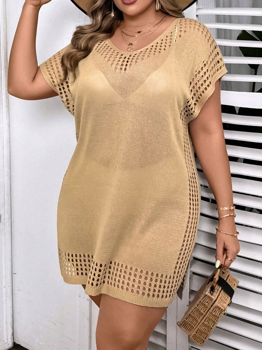 SALIDA DE PLAYA CON MANGAS MURCIÉLAGO CON CALADO Salida de Playa Plus Size 22 Florebele Beige 0XL