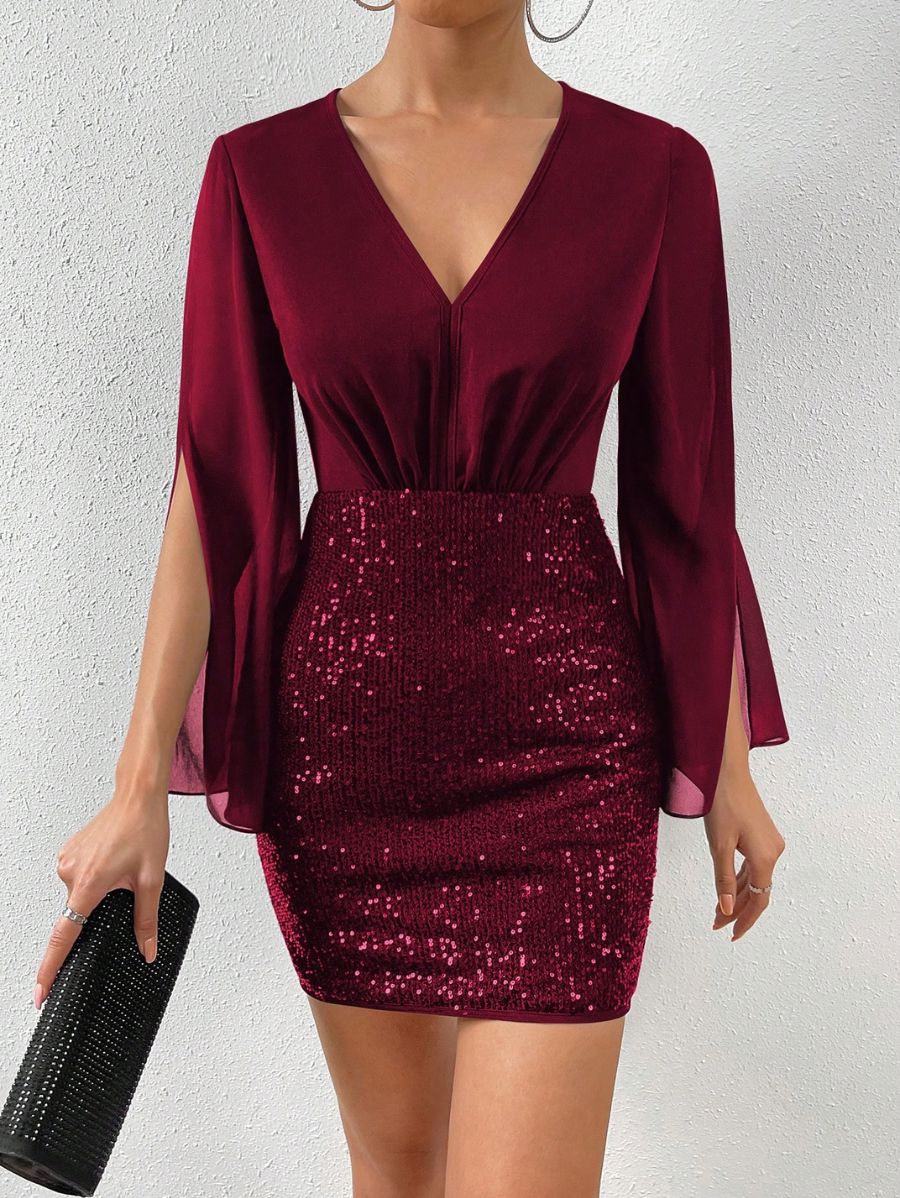 VESTIDO CON ESCOTE EN V Y LENTEJULAS Vestido 38 Florebele Bordo S