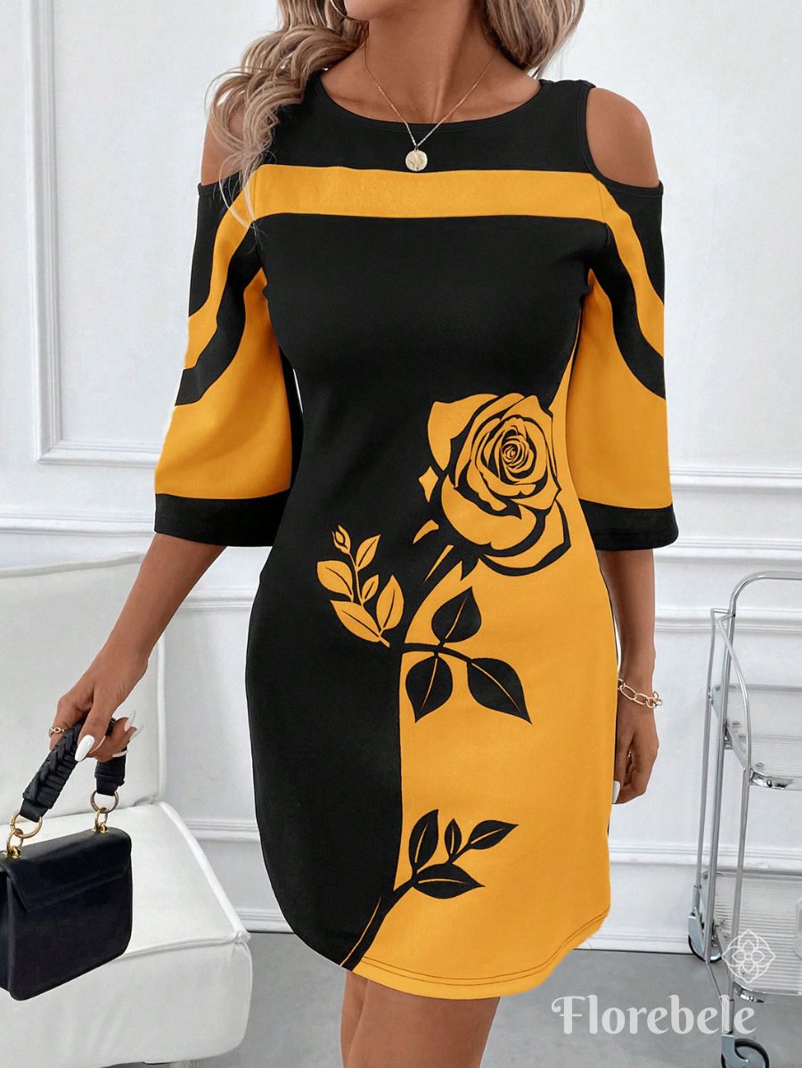 VESTIDO CON ESTAMPADO DE ROSA Vestido 27 Florebele Amarillo S