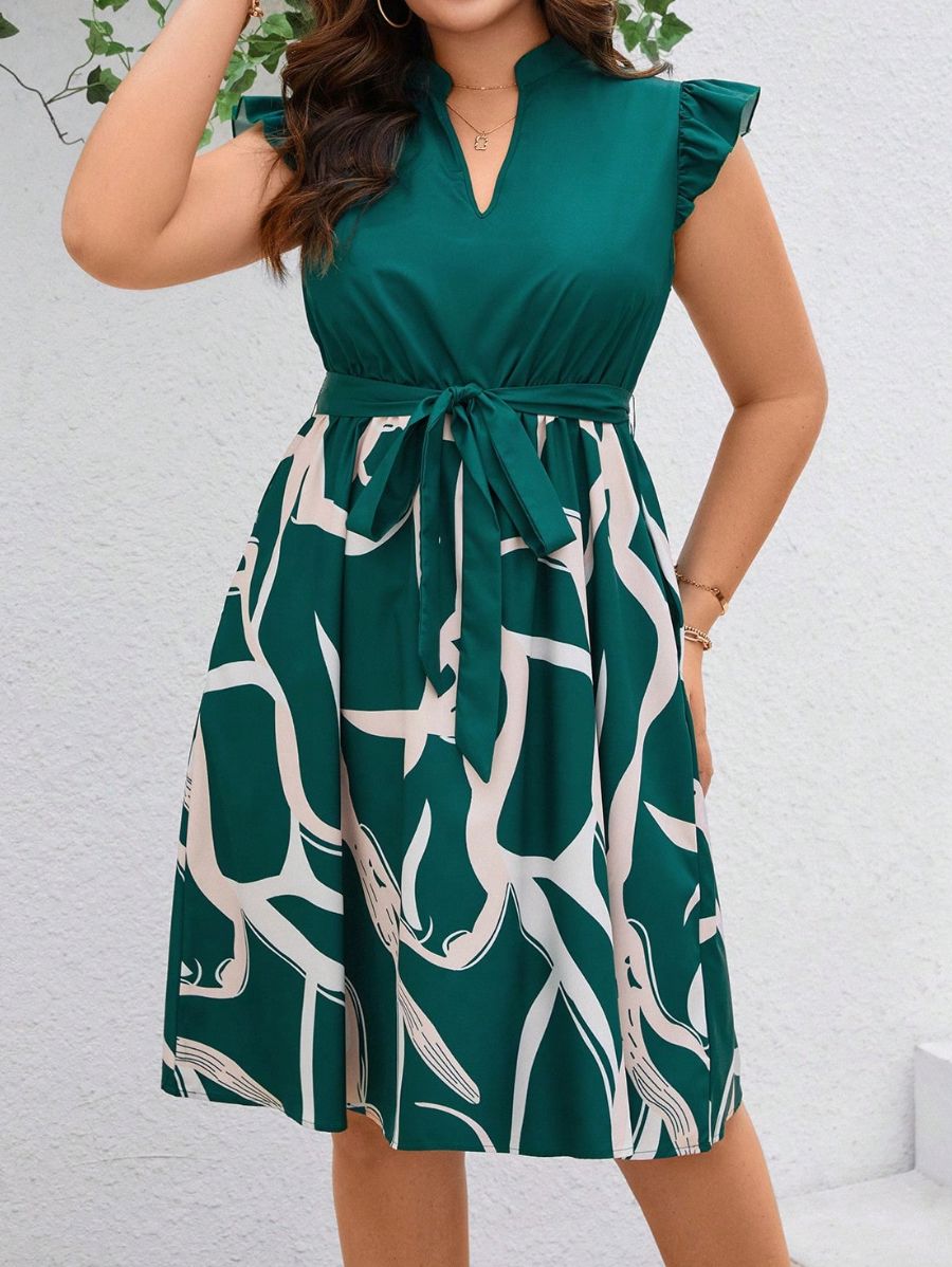 VESTIDO CON MANGAS DE VOLANTES Y LAZO Vestido Plus Size 13 Florebele