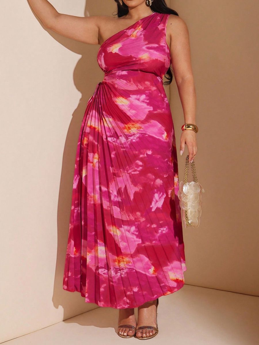 VESTIDO DE UN HOMBRO PLISADO ESTAMPADO Vestido Plus Size 12 Florebele