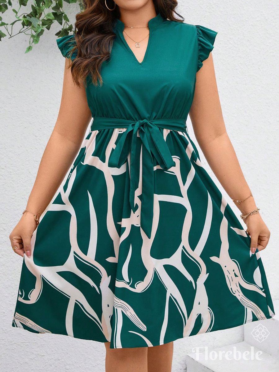 VESTIDO ESTAMPADO CON MANGAS DE VOLANTES Vestido Plus Size 08 Florebele