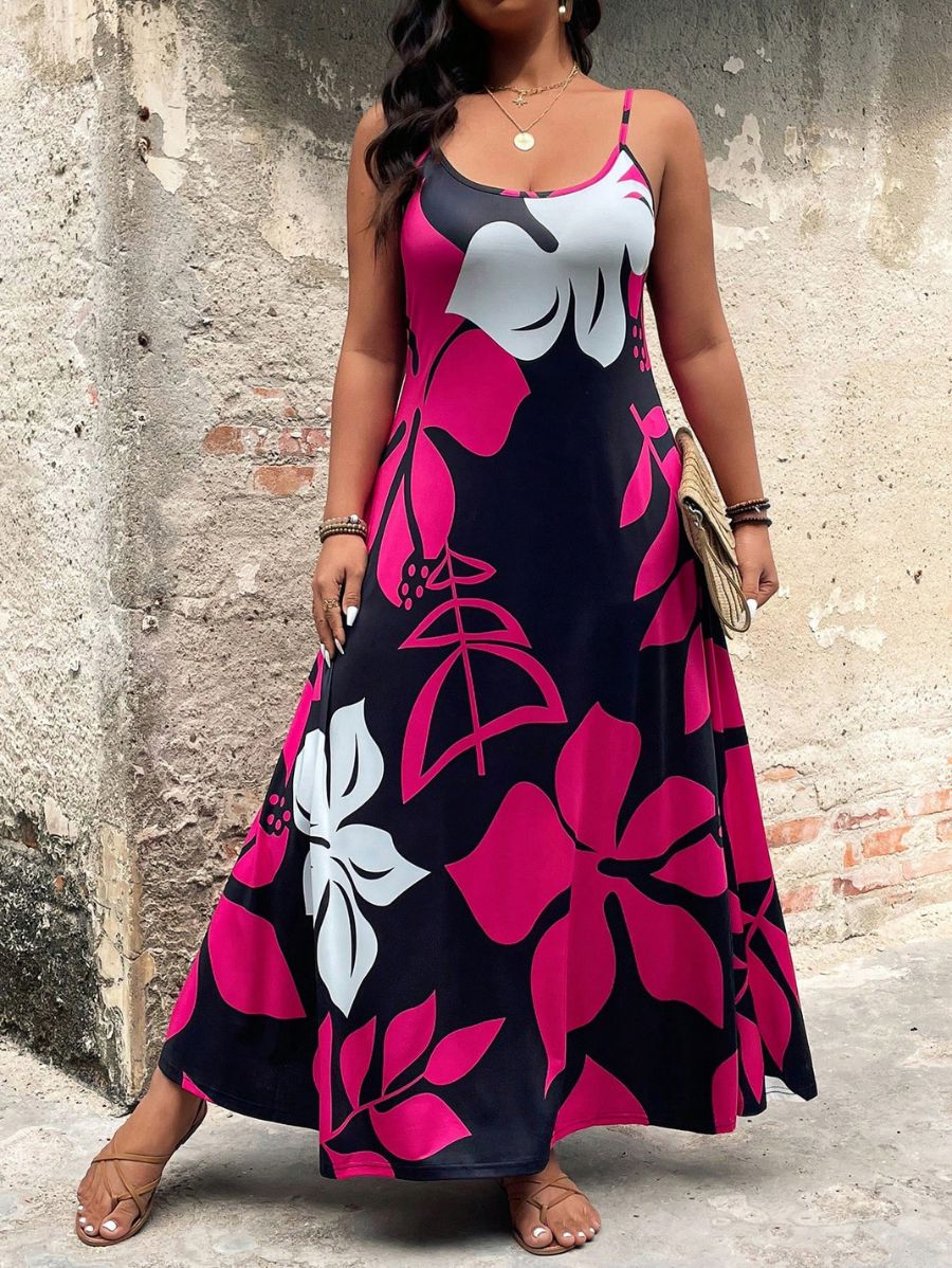 VESTIDO LARGO ESTAMPADO DE TIRANTES Vestido Plus Size 08 Florebele Rosa 0XL