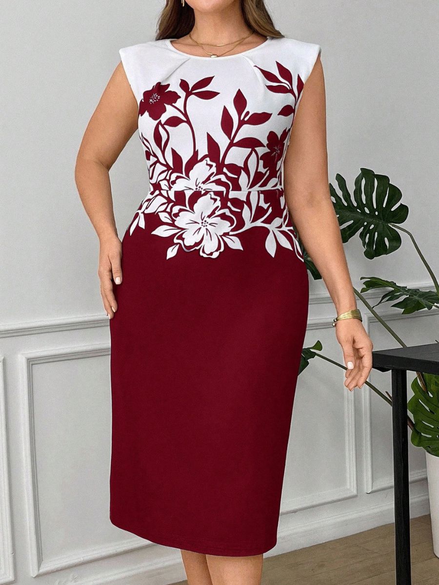 VESTIDO MIDI CON ESTAMPADO FLORAL Vestido Plus Size 15 Florebele Bordo 0XL