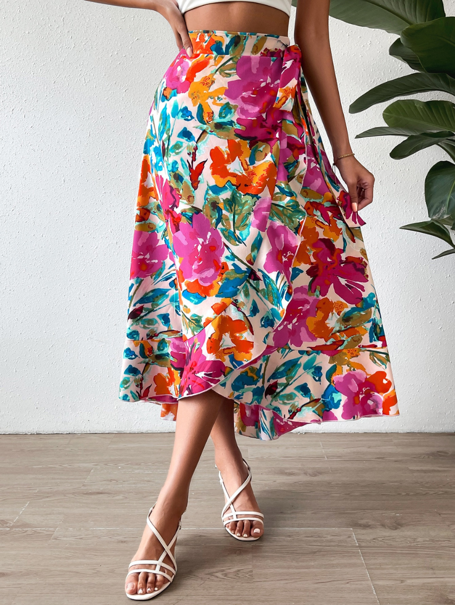 POLLERA CON ESTAMPADO FLORAL Y NUDO