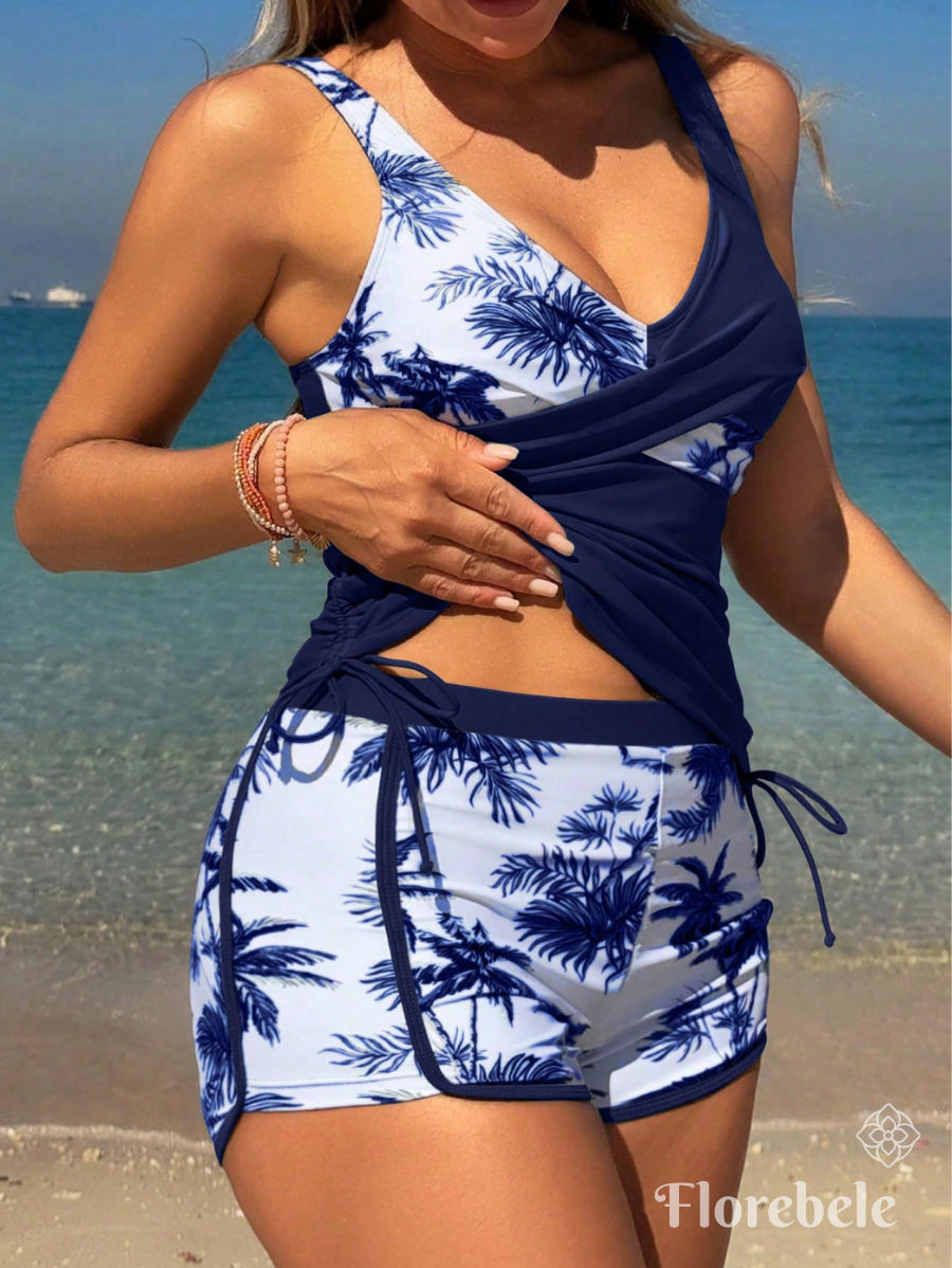 TANKINI CON ESTAMPADO DE PALMERAS Y CRUZADO