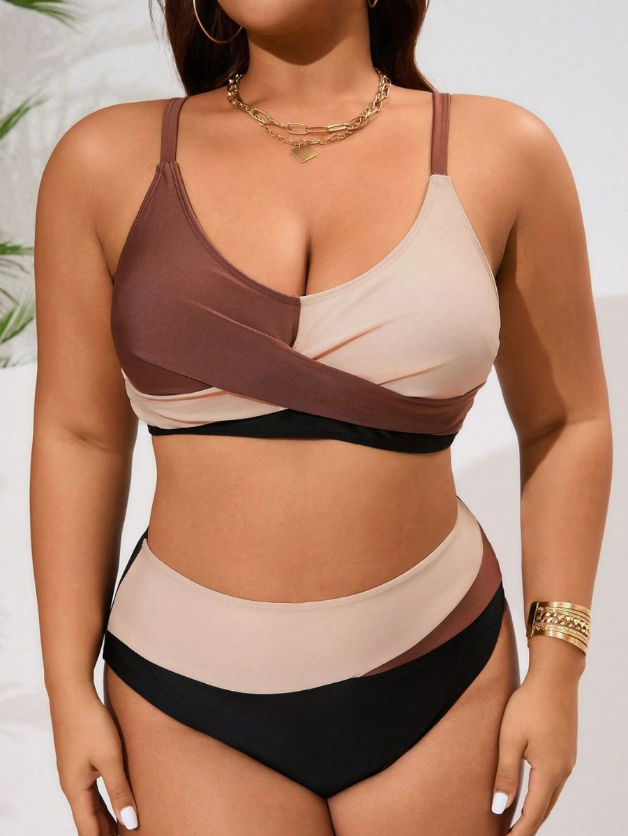 BIKINI CON BLOQUES DE COLOR CRUZADO Bikini Plus Size 14 Florebele Marrón 0XL 