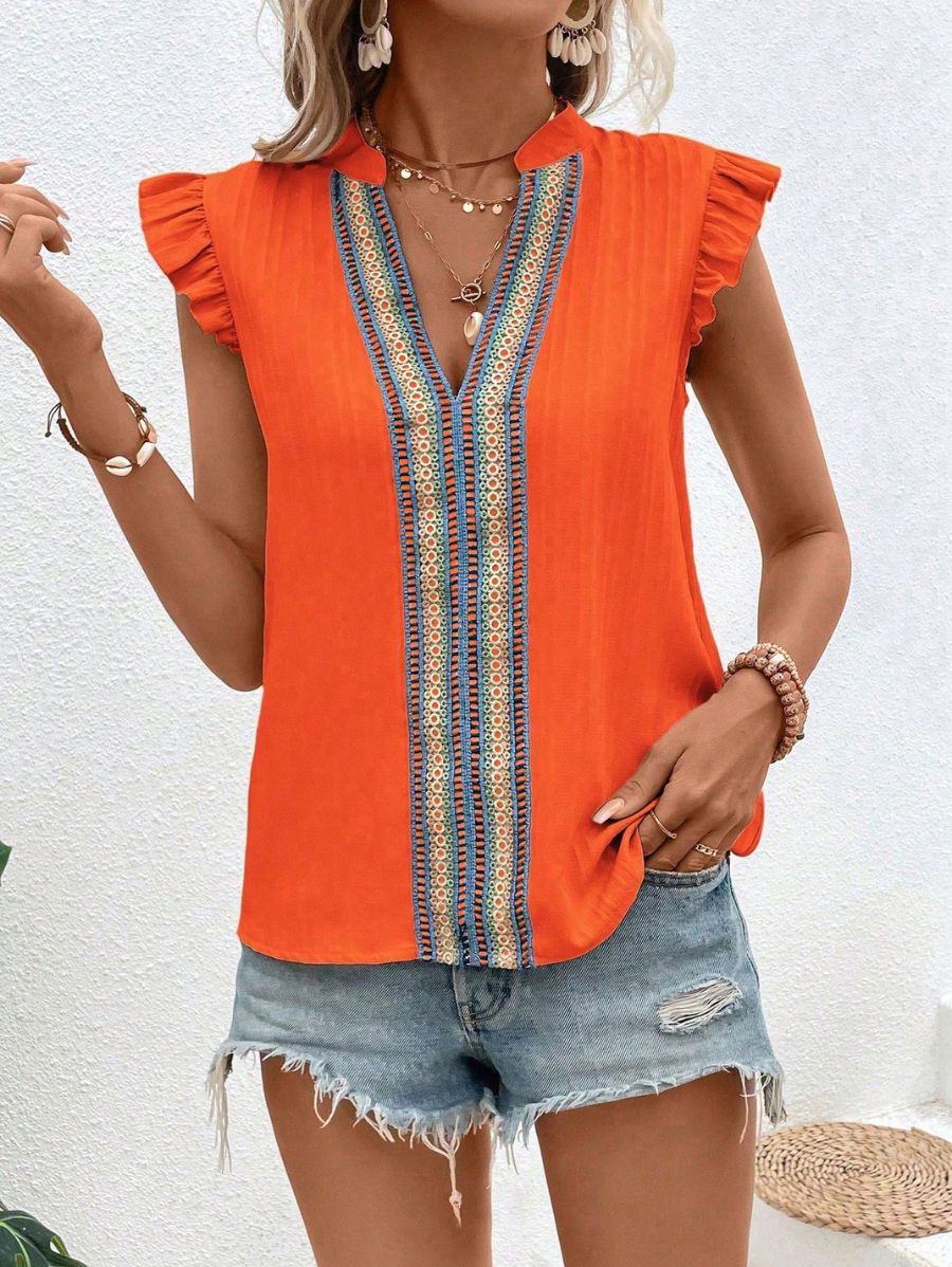 BLUSA CON ESCOTE EN V Y VOLANTES Blusa 43 Florebele Anaranjado XS 