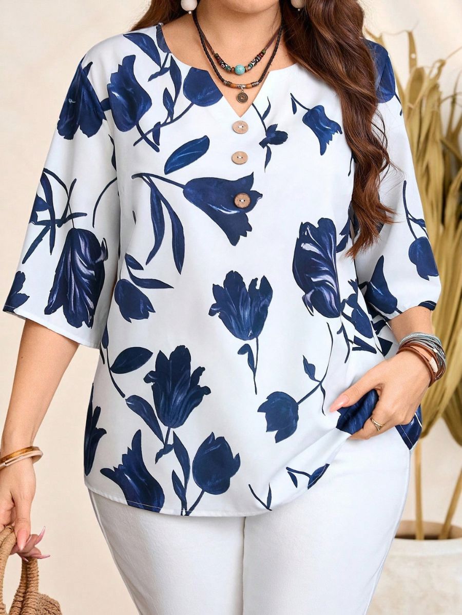 BLUSA CON ESTAMPADO FLORAL Y BOTONES Blusa Plus Size 11 Florebele Azul 0XL 