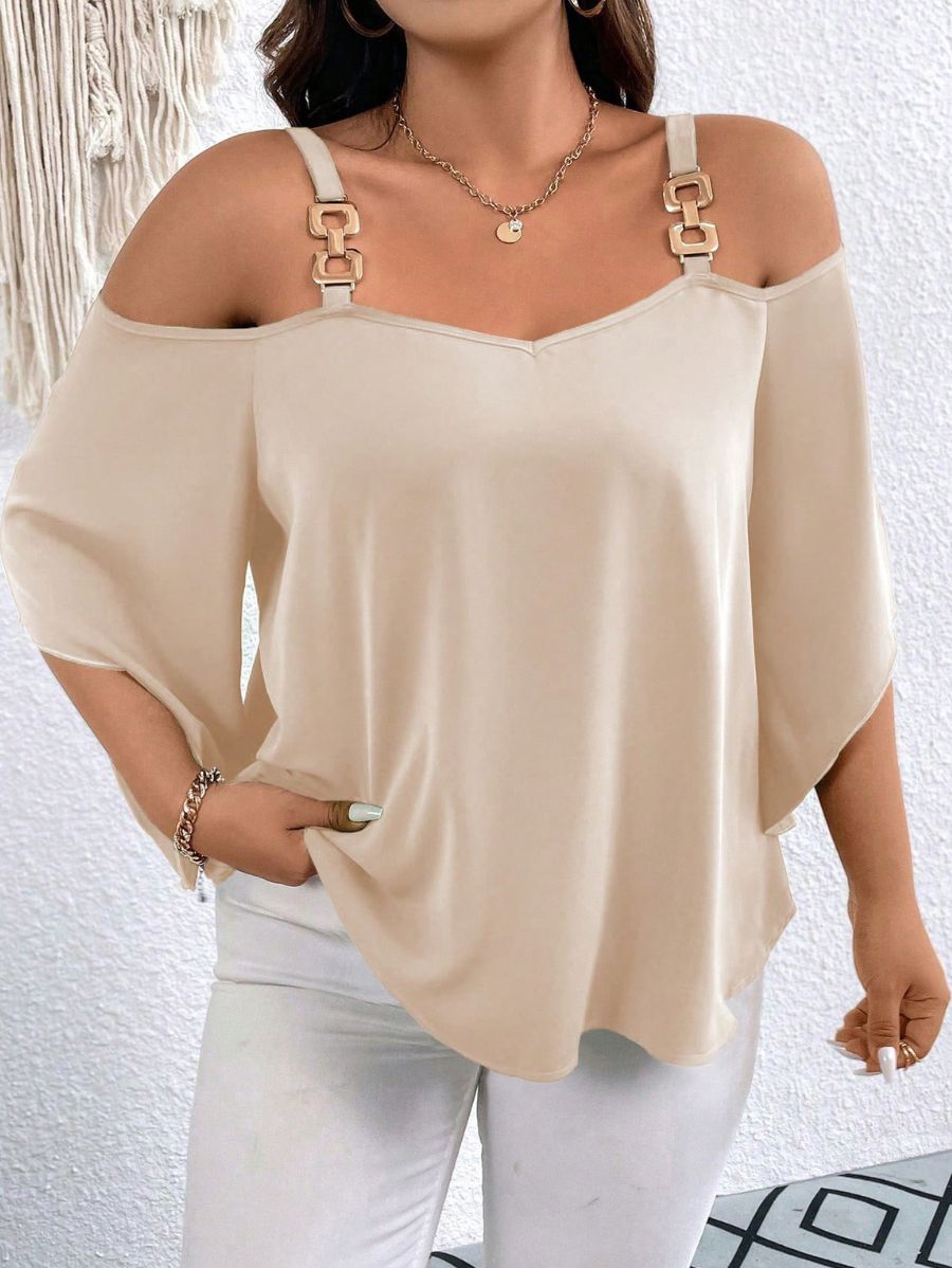 BLUSA CON TIRANTES Y DETALLE DORADO Blusa Plus Size 06 Florebele Beige 0XL 