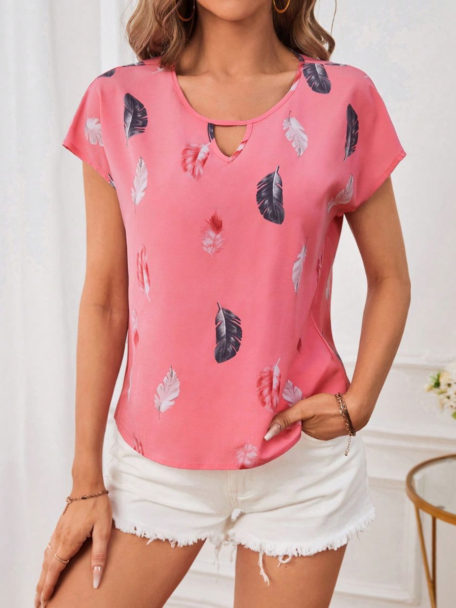 BLUSA MANGA CORTA CON ESTAMPADO DE PLUMAS Blusa 26 Florebele S 