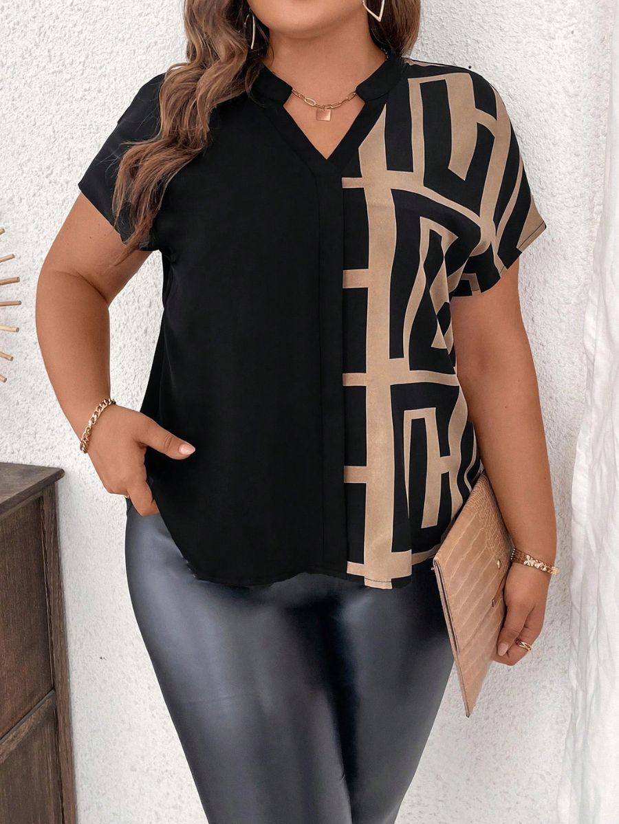 BLUSA MANGA CORTA CON ESTAMPADO GEOMÉTRICO Blusa Plus Size 05 Florebele 