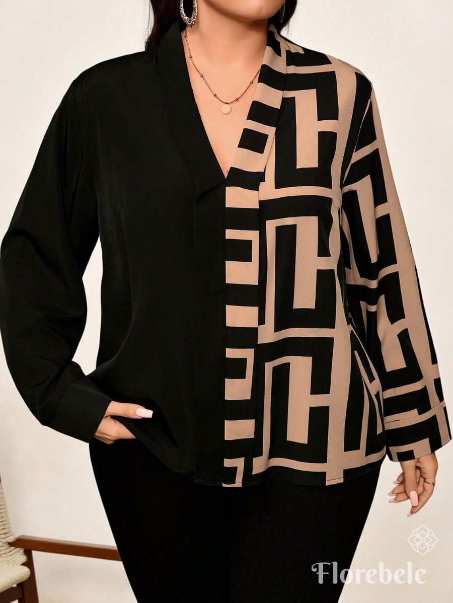 BLUSA MANGA LARGA CON ESTAMPADO GEOMÉTRICO Blusa Plus Size 09 Florebele Beige 0XL 