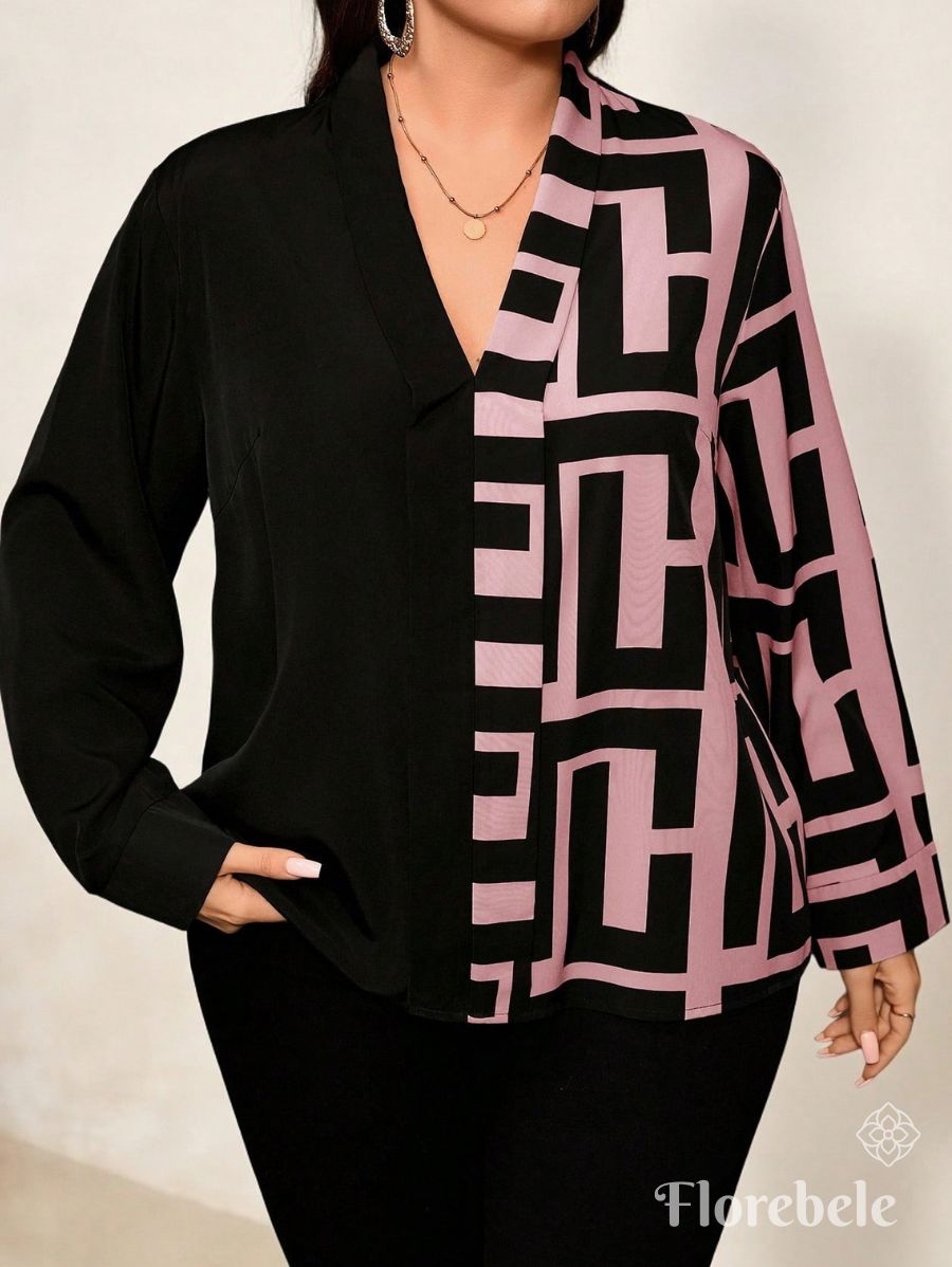 BLUSA MANGA LARGA CON ESTAMPADO GEOMÉTRICO Blusa Plus Size 09 Florebele Rosa 0XL 