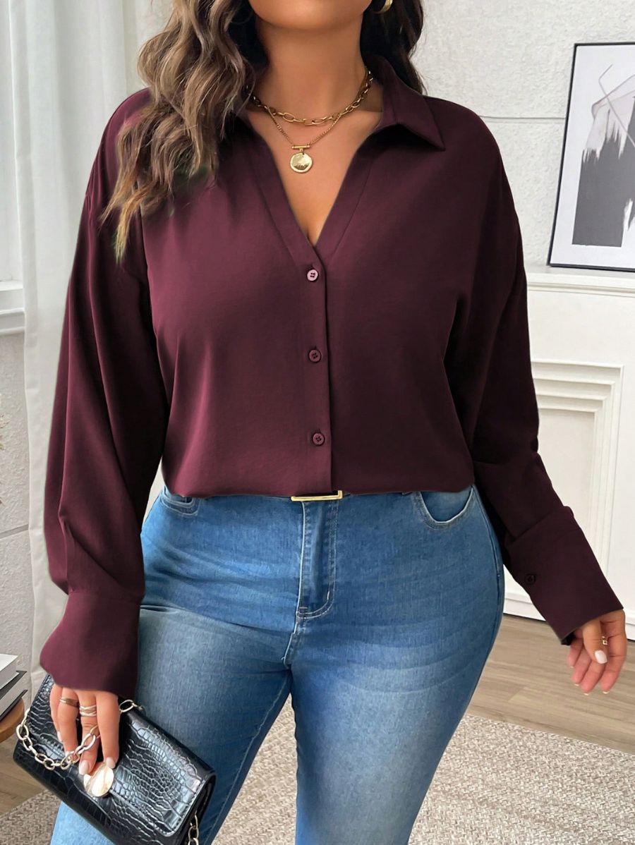 CAMISA CON ESCOTE EN V LISA Camisa Plus Size 10 Florebele Bordo 0XL 