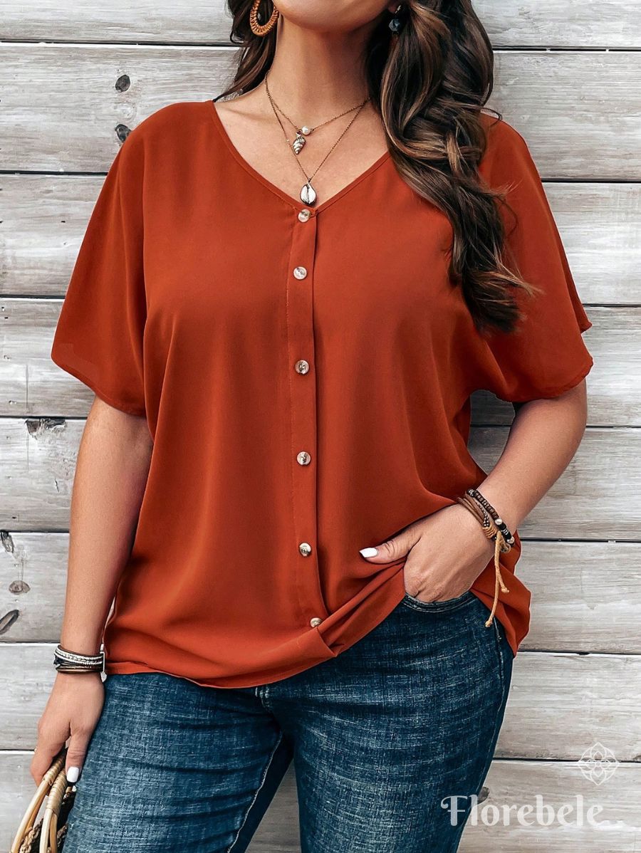 CAMISA CON ESCOTE EN V Y BOTONES Camisa Plus Size 02 Florebele Anaranjado 1XL 