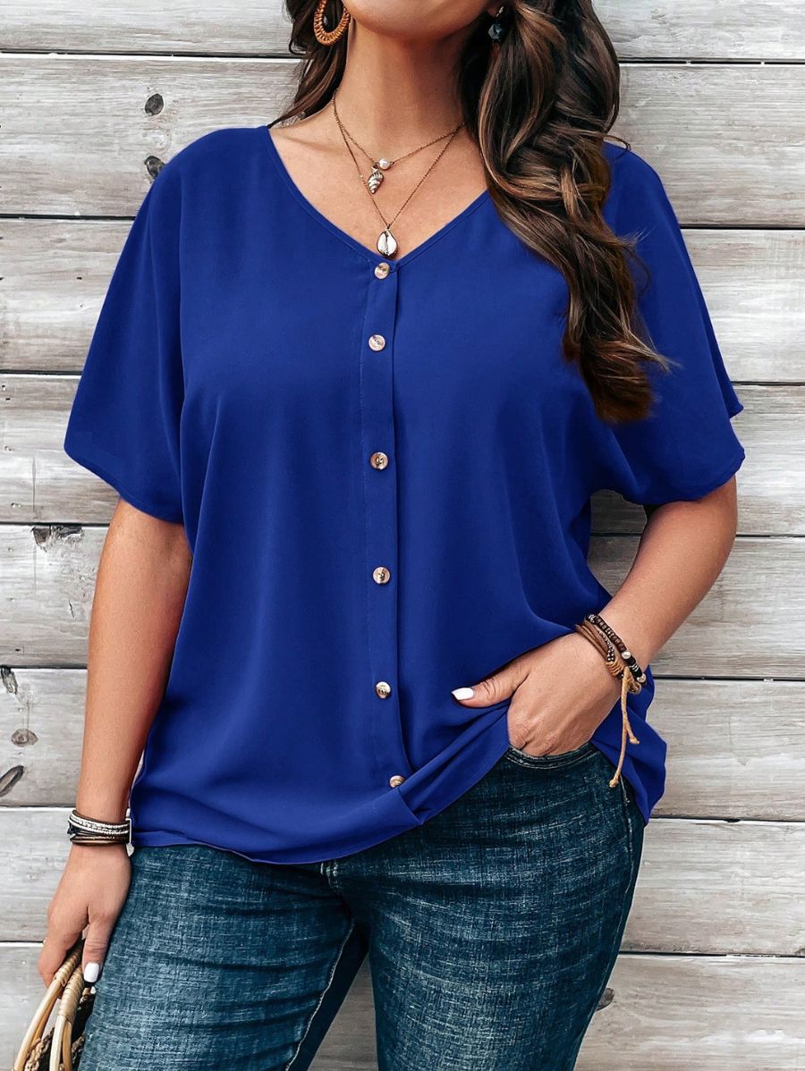 CAMISA CON ESCOTE EN V Y BOTONES Camisa Plus Size 11 Florebele Azul 1XL 
