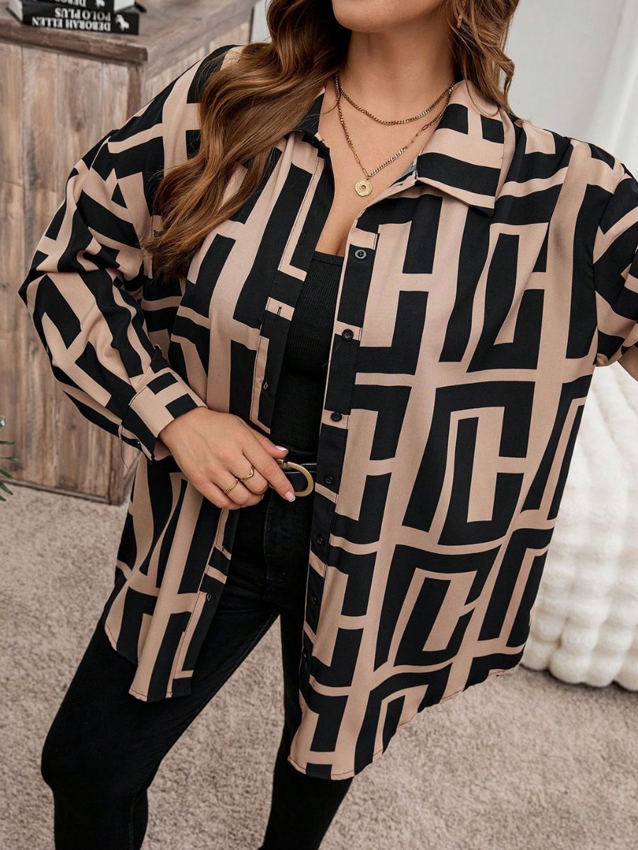 CAMISA CON ESTAMPADO GEOMÉTRICO Camisa Plus Size 09 Florebele 