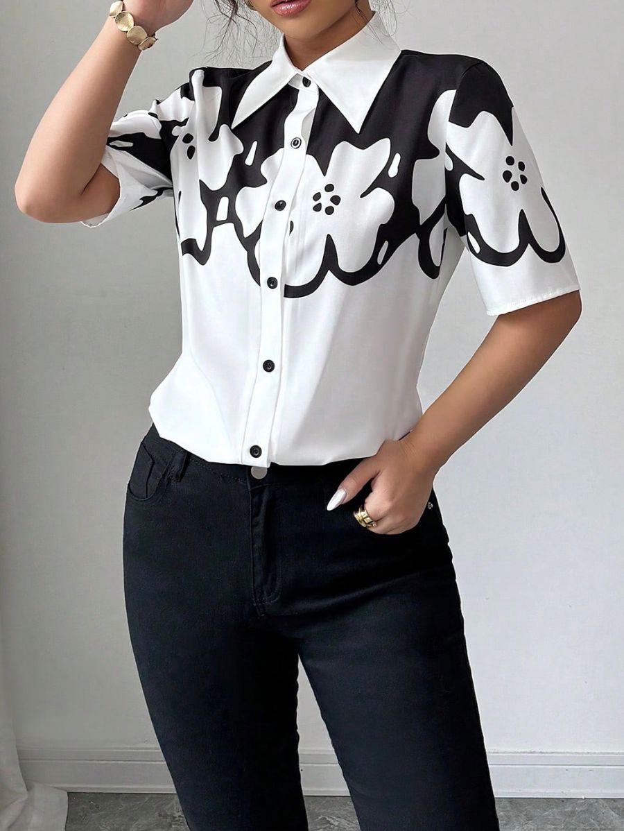 CAMISA CON FLORAL BLANCO Y NEGRO Camisa 02 Florebele 
