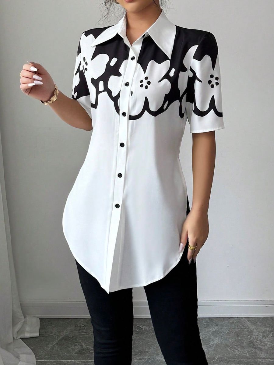CAMISA CON FLORAL BLANCO Y NEGRO Camisa 02 Florebele Blanco S 