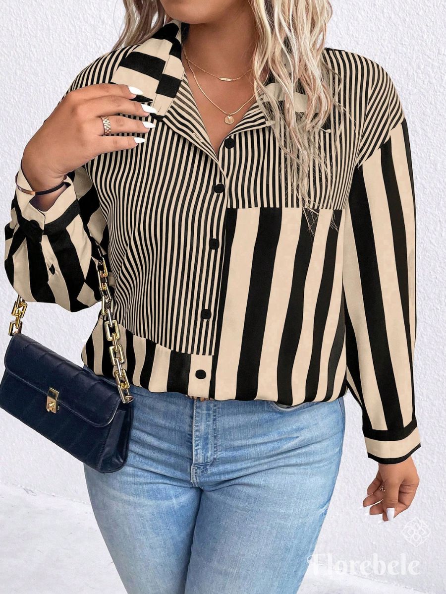 CAMISA CON RAYAS MANGA LARGA Camisa Plus Size 10 Florebele 