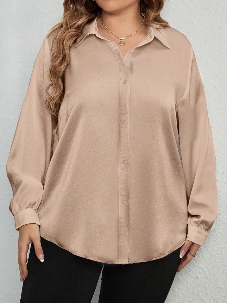 CAMISA SATINADA MANGA LARGA Camisa Plus Size 07 Florebele Beige 0XL 