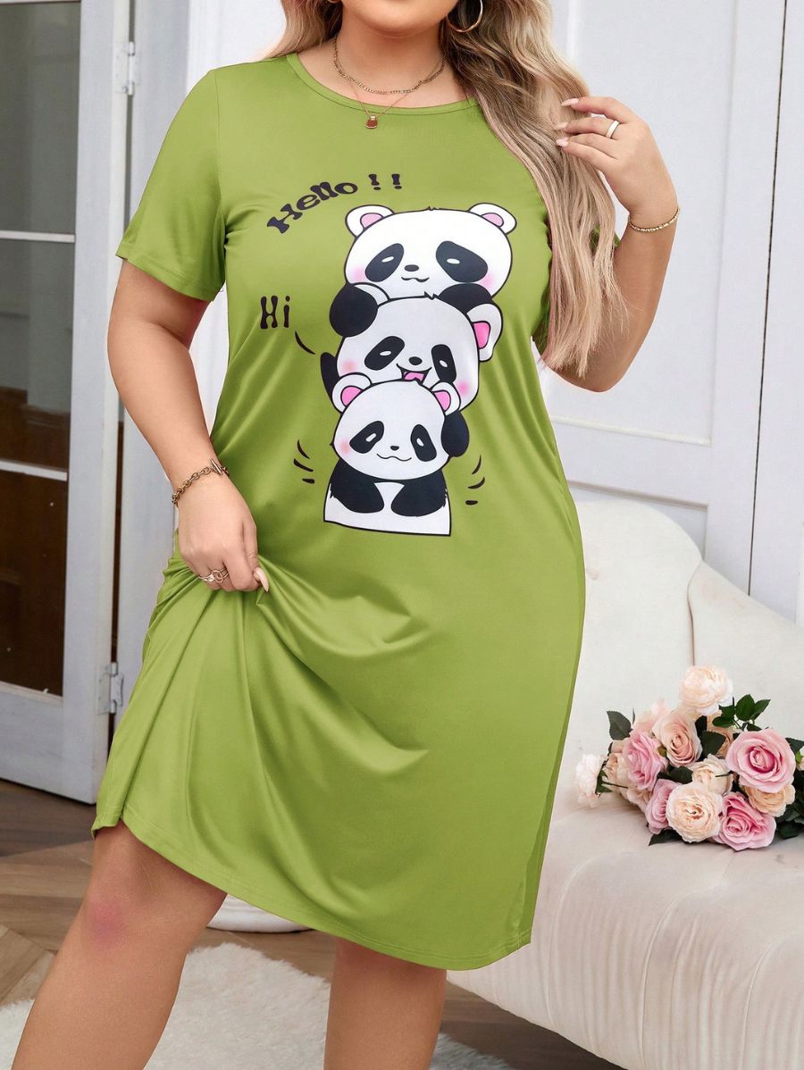 CAMISÓN CON ESTAMPADO DE PANDA Camisón Plus Size 10 Florebele Verde 1XL 