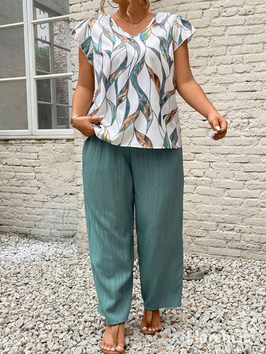 CONJUNTO CON BLUSA ESTAMPADA Y LAZO Conjunto Plus Size 03 Florebele Verde 0XL 