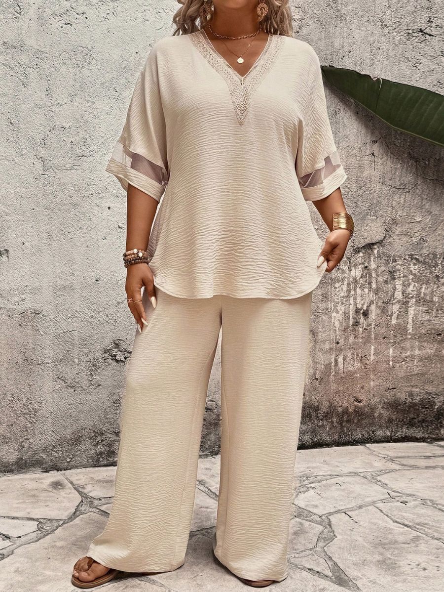 CONJUNTO CON ESCOTE EN V Y TRANSPARENCIA Conjunto Plus Size 02 Florebele Beige 0XL 