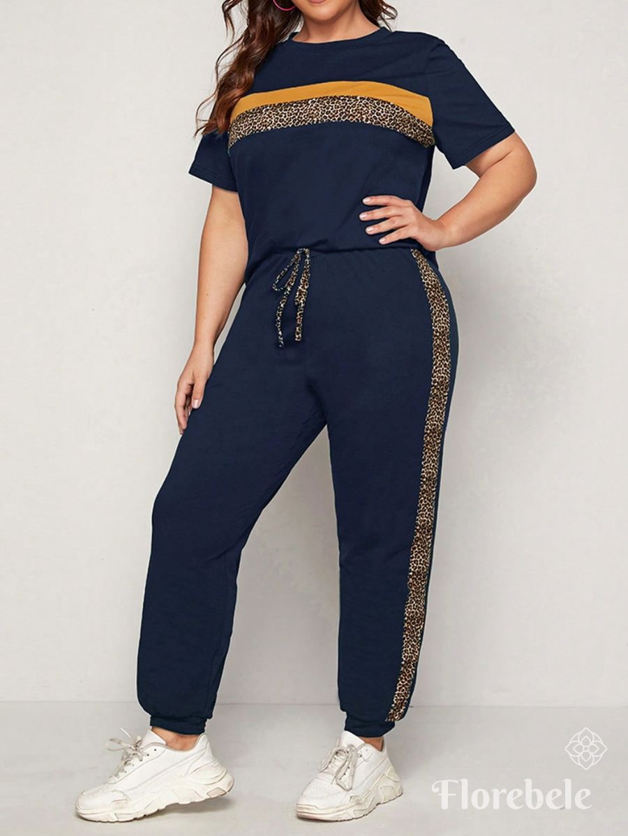 CONJUNTO DE MANGA CORTA CON DETALLE EN LEOPARDO Conjunto Plus Size 10 Florebele Azul 0XL 