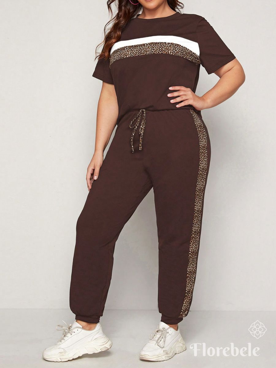 CONJUNTO DE MANGA CORTA CON DETALLE EN LEOPARDO Conjunto Plus Size 10 Florebele Marrón 0XL 