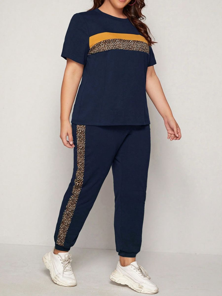 CONJUNTO DE MANGA CORTA CON DETALLE EN LEOPARDO Conjunto Plus Size 13 Florebele Azul 0XL 