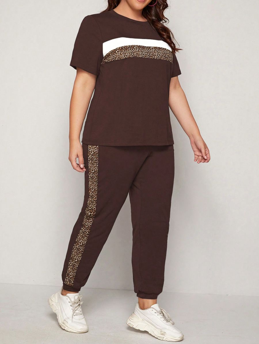 CONJUNTO DE MANGA CORTA CON DETALLE EN LEOPARDO Conjunto Plus Size 13 Florebele Marrón 0XL 