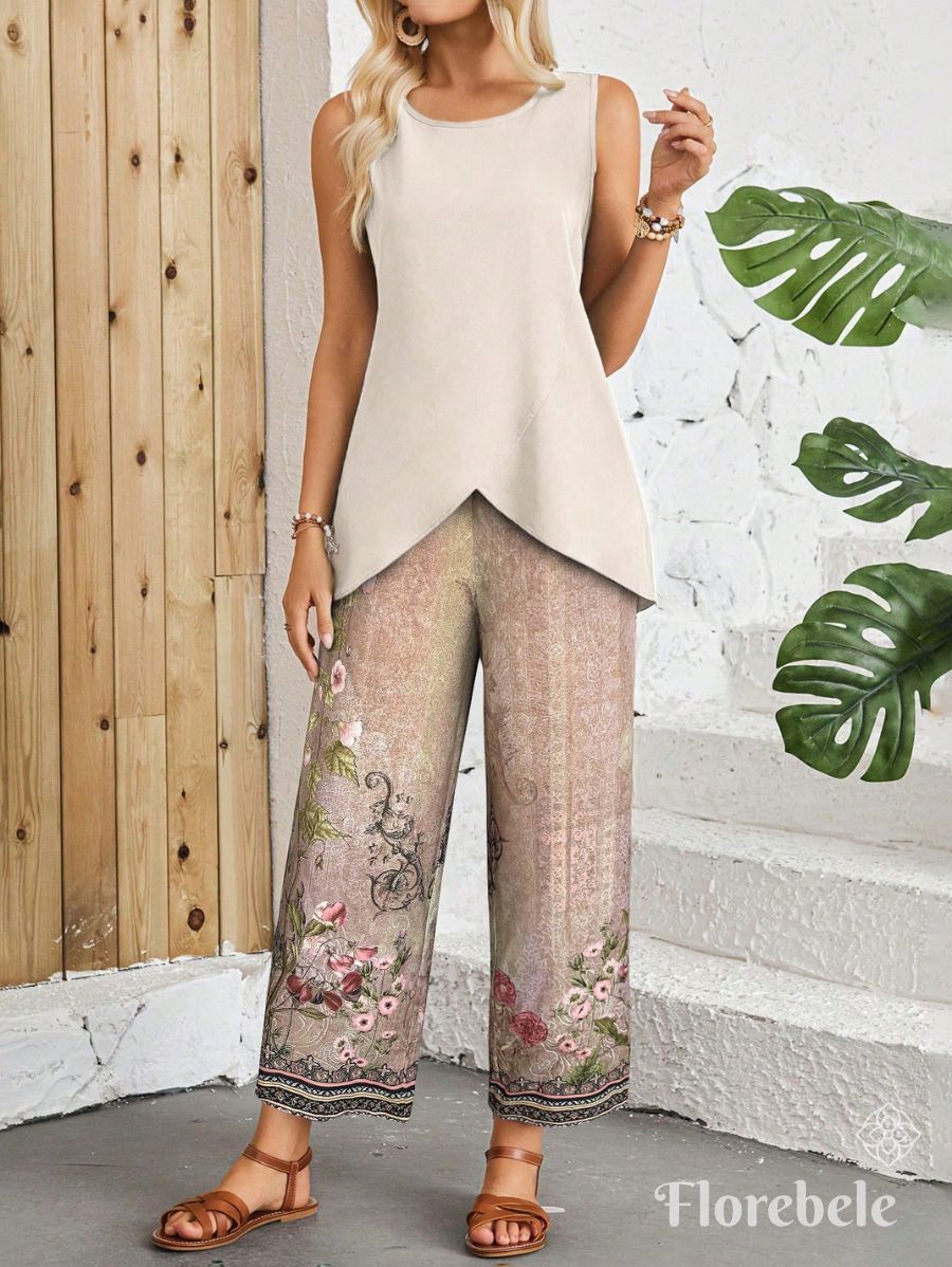 CONJUNTO ESTAMPADO CON BLUSA ASIMÉTRICA Conjunto 05 Florebele Beige S 