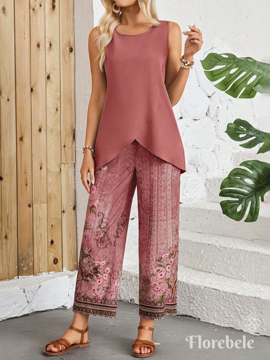 CONJUNTO ESTAMPADO CON BLUSA ASIMÉTRICA Conjunto 05 Florebele Rosa S 