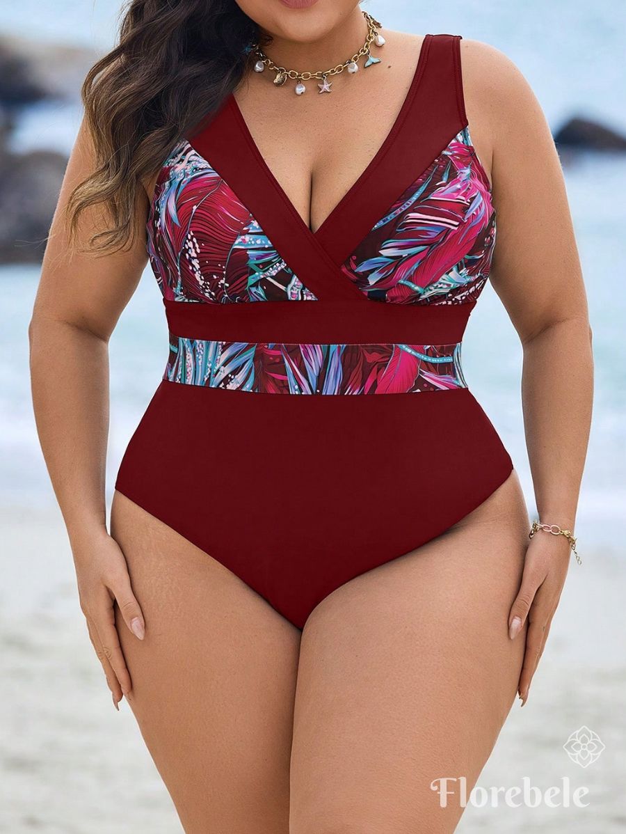 ENTERIZA CON ESTAMPADO TROPICAL Enteriza Plus Size 11 Florebele Bordo 0XL 
