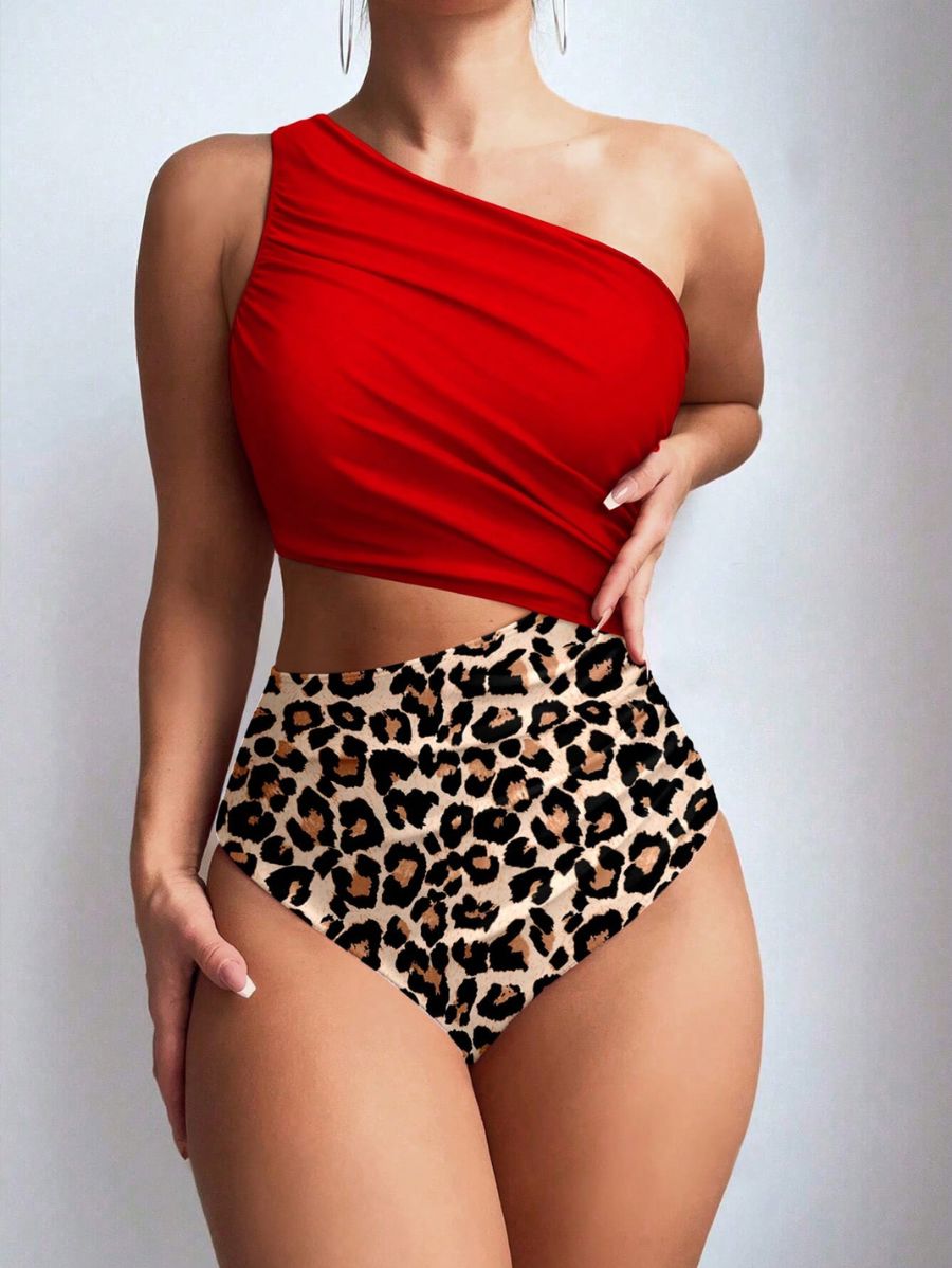 ENTERIZA DE UN HOMBRO CON ESTAMPADO LEOPARDO Enteriza 34 Florebele Rojo S 