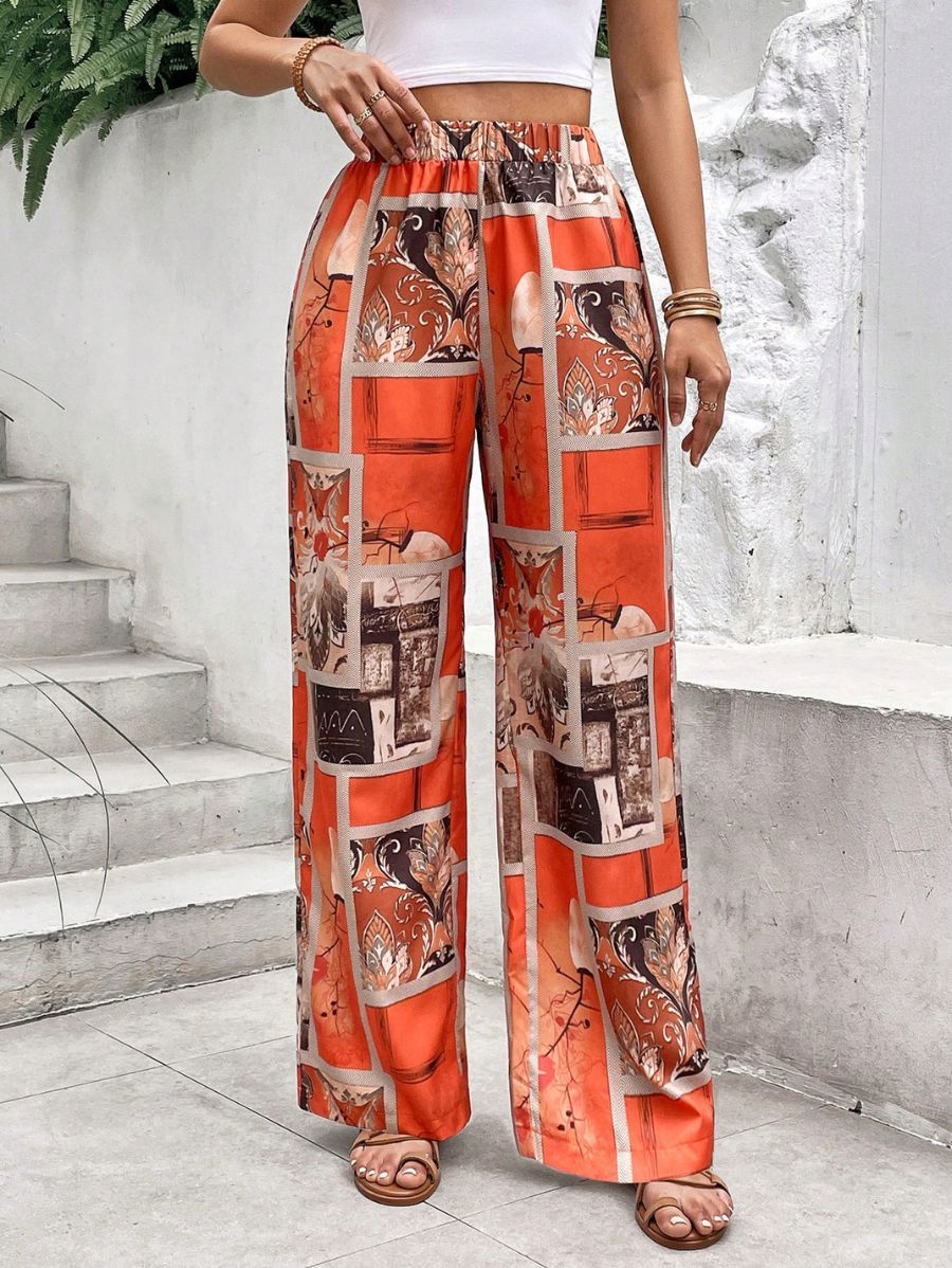 PANTALÓN CON CINTURA ELÁSTICA ESTAMPADO Pantalón 28 Florebele Anaranjado XS 