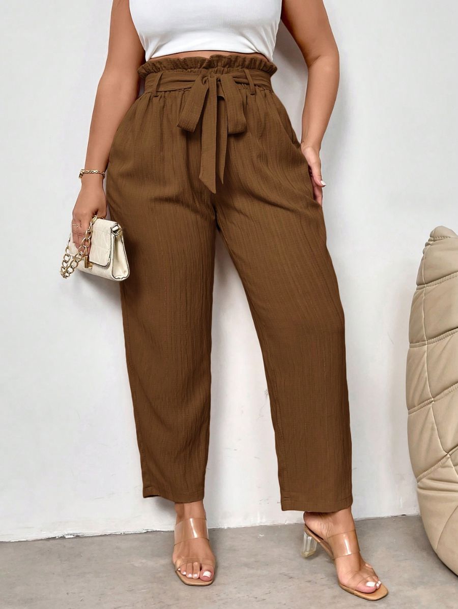 PANTALÓN CON LAZO UNICOLOR Pantalón Plus Size 12 Florebele Marrón 0XL 