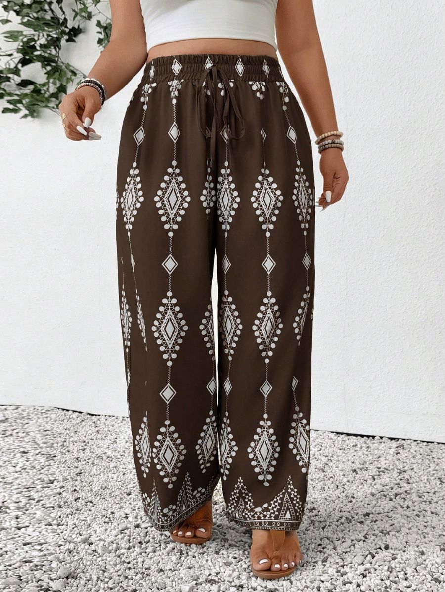 PANTALÓN ESTAMPADO CON CINTURA ELÁSTICA Pantalón Plus Size 11 Florebele Marrón 0XL 