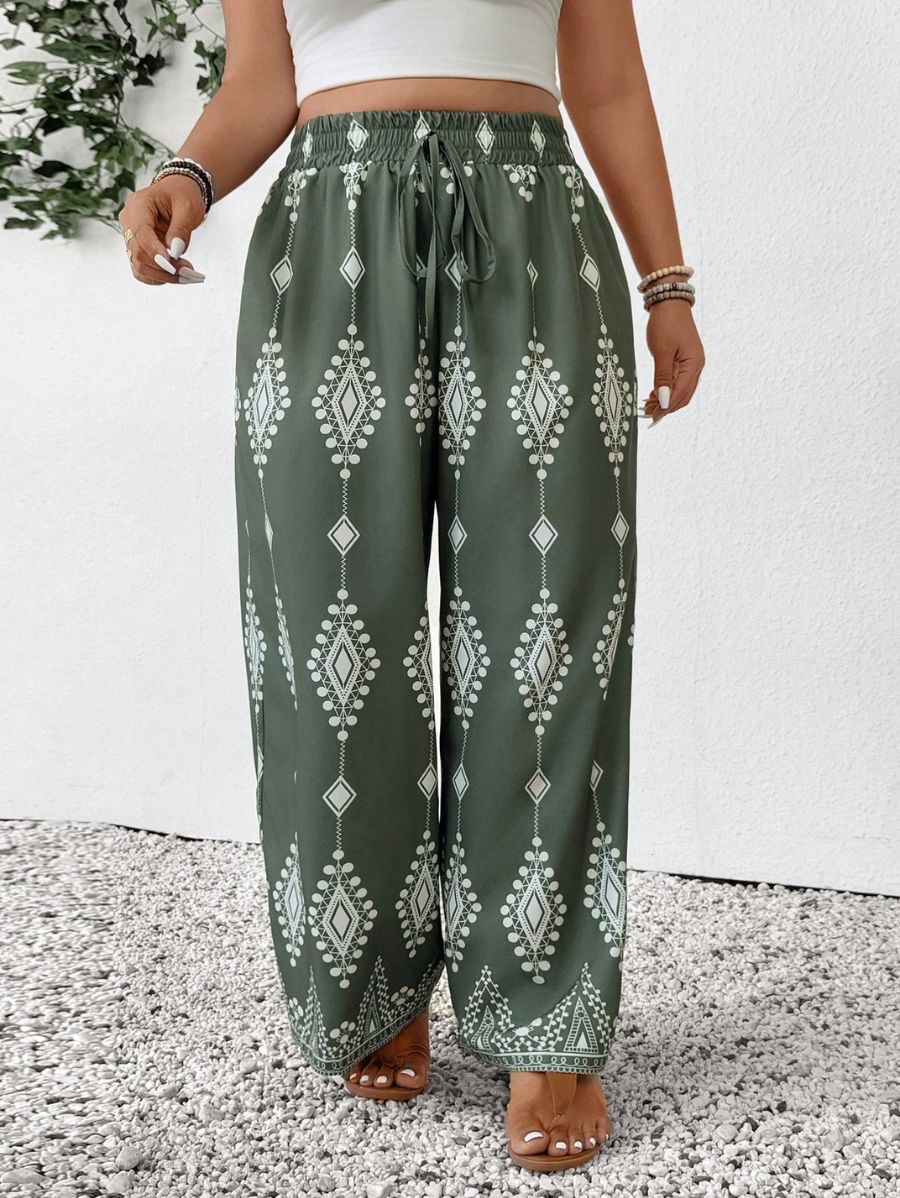 PANTALÓN ESTAMPADO CON CINTURA ELÁSTICA Pantalón Plus Size 11 Florebele Verde 0XL 