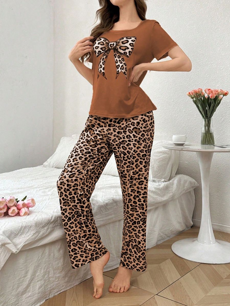 PIJAMA MANGA CORTA CON ESTAMPADO LEOPARDO Pijama 06 Florebele Marrón S 