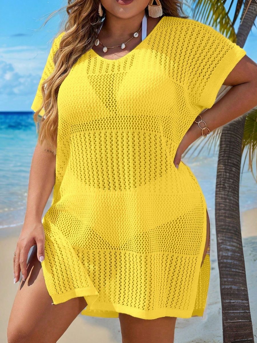 SALIDA DE PLAYA CALADA CON ABERTURAS LATERALES Salida de Playa Plus Size 20 Florebele Amarillo 0XL 