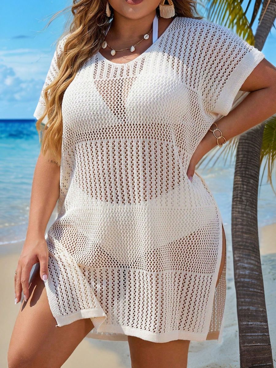 SALIDA DE PLAYA CALADA CON ABERTURAS LATERALES Salida de Playa Plus Size 20 Florebele Blanco 0XL 