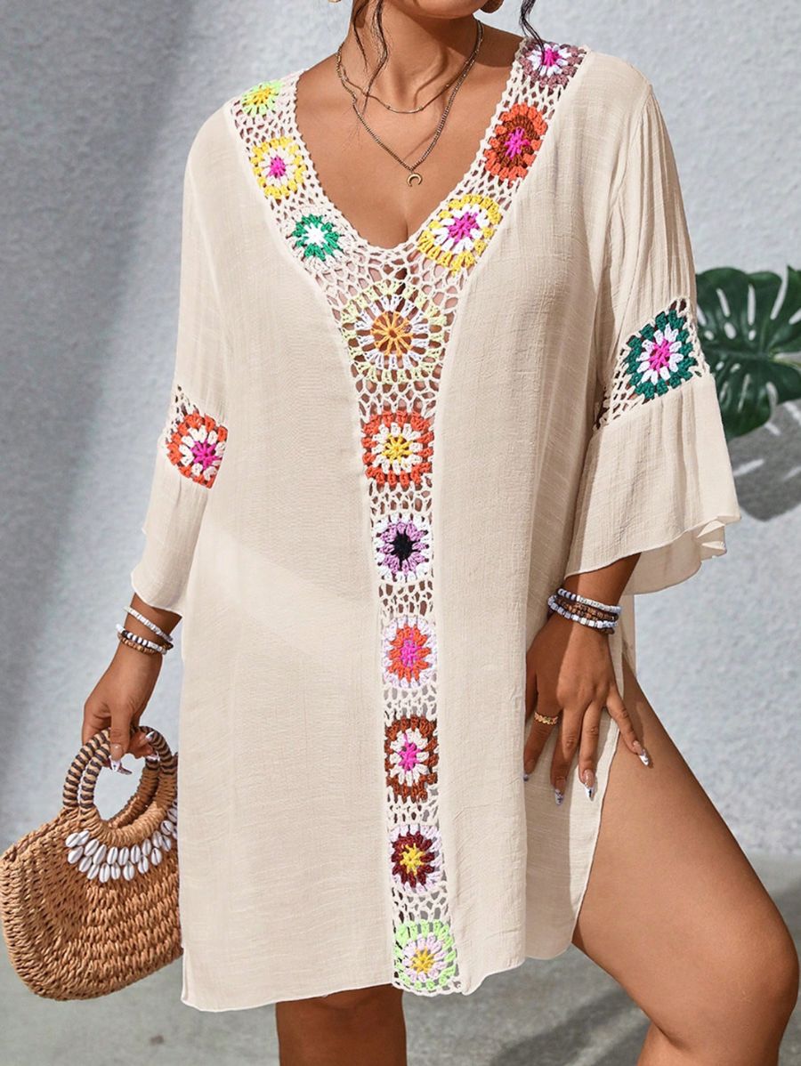 SALIDA DE PLAYA CON ABERTURAS LATERALES CALADO Salida de Playa Plus Size 18 Florebele Beige 0XL 