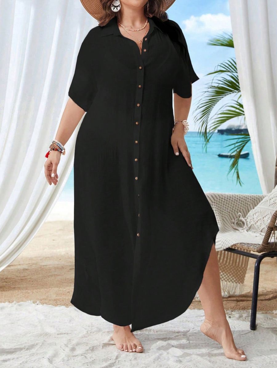 SALIDA DE PLAYA CON BOTONES Salida de Playa Plus Size 08 Florebele Negro 0XL 